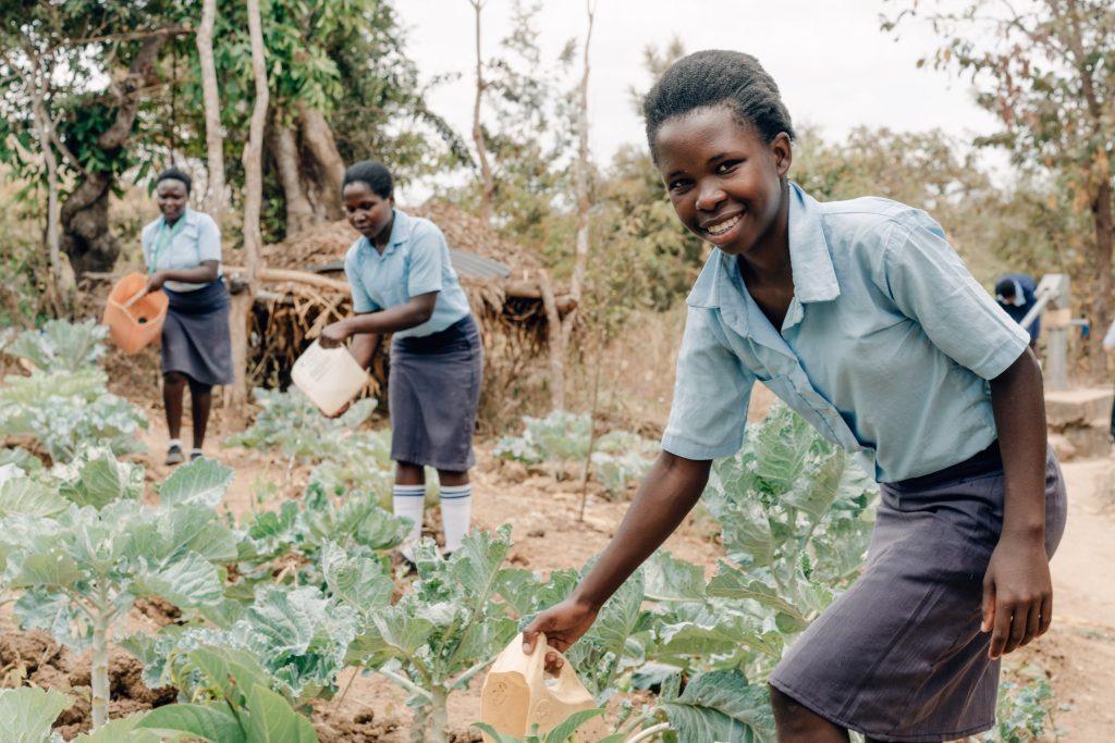 Students watering vegetable crops in Kitui